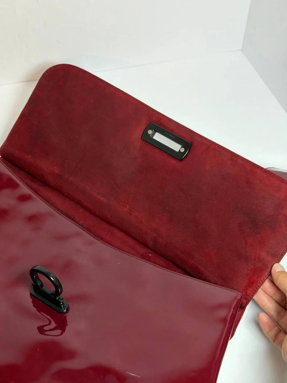 Salvatore Ferragamo Gancini Burgundy Glossy Patent Leather Shoulder Bag